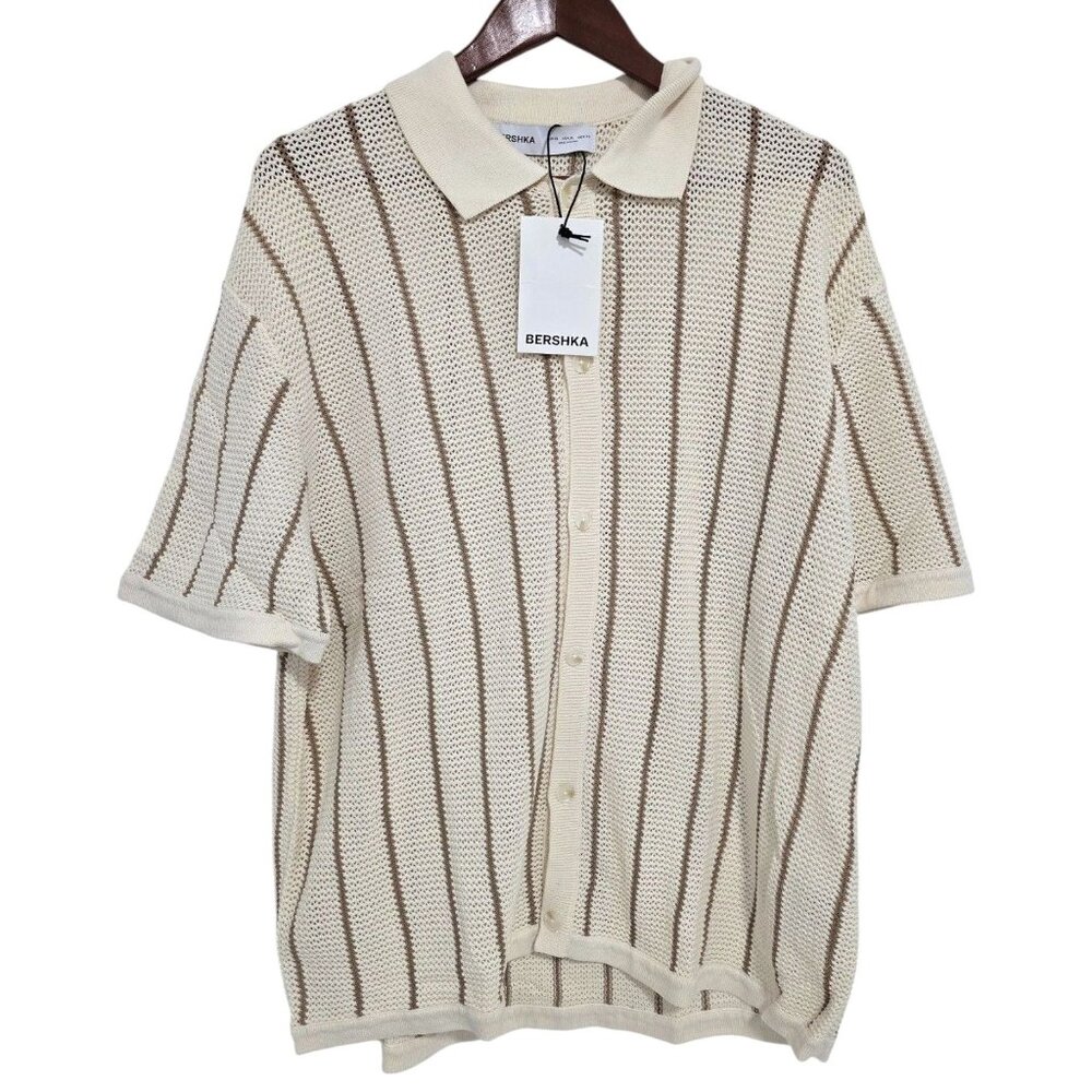 Bershka Striped textured short sleeve shirt‎ In Sand Size XL
